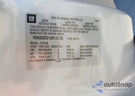 2010 Chevrolet Tahoe Ltz z USA, uszkodzony, nr VIN 1GNUCCE01AR125726